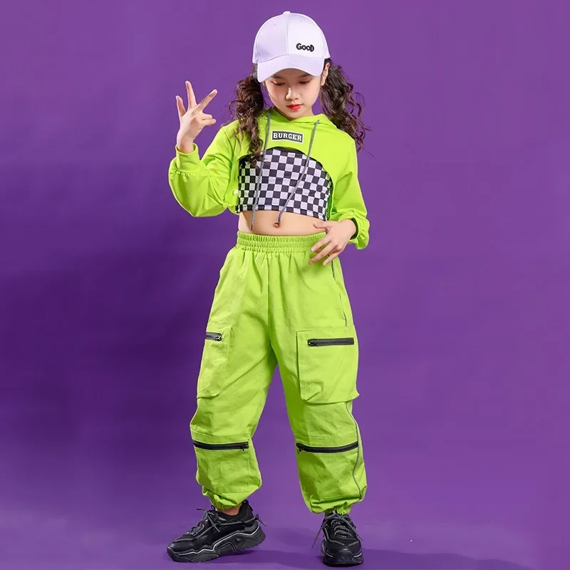 5-16 Years Old Jazz Dance Costumes, Girls' Hip-hop Costumes, Spring and Autumn Fluorescent Green Umbilical Sportswear Children