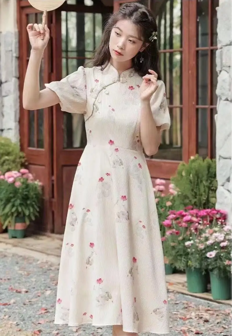 

2024 New Chinese Vintage Printed Dress Women's Summer Soft High Quality Embroidery Elegant Qipao Fashion Slim Vesidos Robe