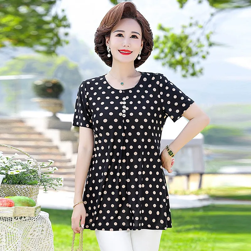 Plus size 7XL Loose Women Summer Shirts Lady Fashion Casual Short sleeve  O-Neck Collar Button Mother dot Printing Blusas Tops