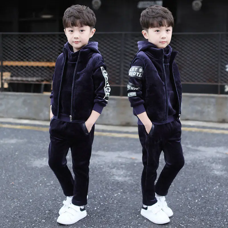 

Winter Warm Boys Alphabet Zip Fleece Waistcoat+Sweatshirt+Sweatpant School Kids 3PCS Tracksuit Child Outfit Workout Set 3-12 Yrs