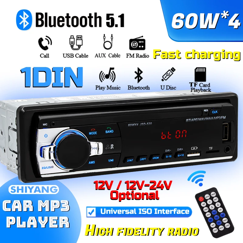 

Car Mp3 Bluetooth Player LED Stereo 60W * 4 12v/24v Phone Charging Car Truck Usb/Tf/Fm/Aux High Fidelity Audio Radio