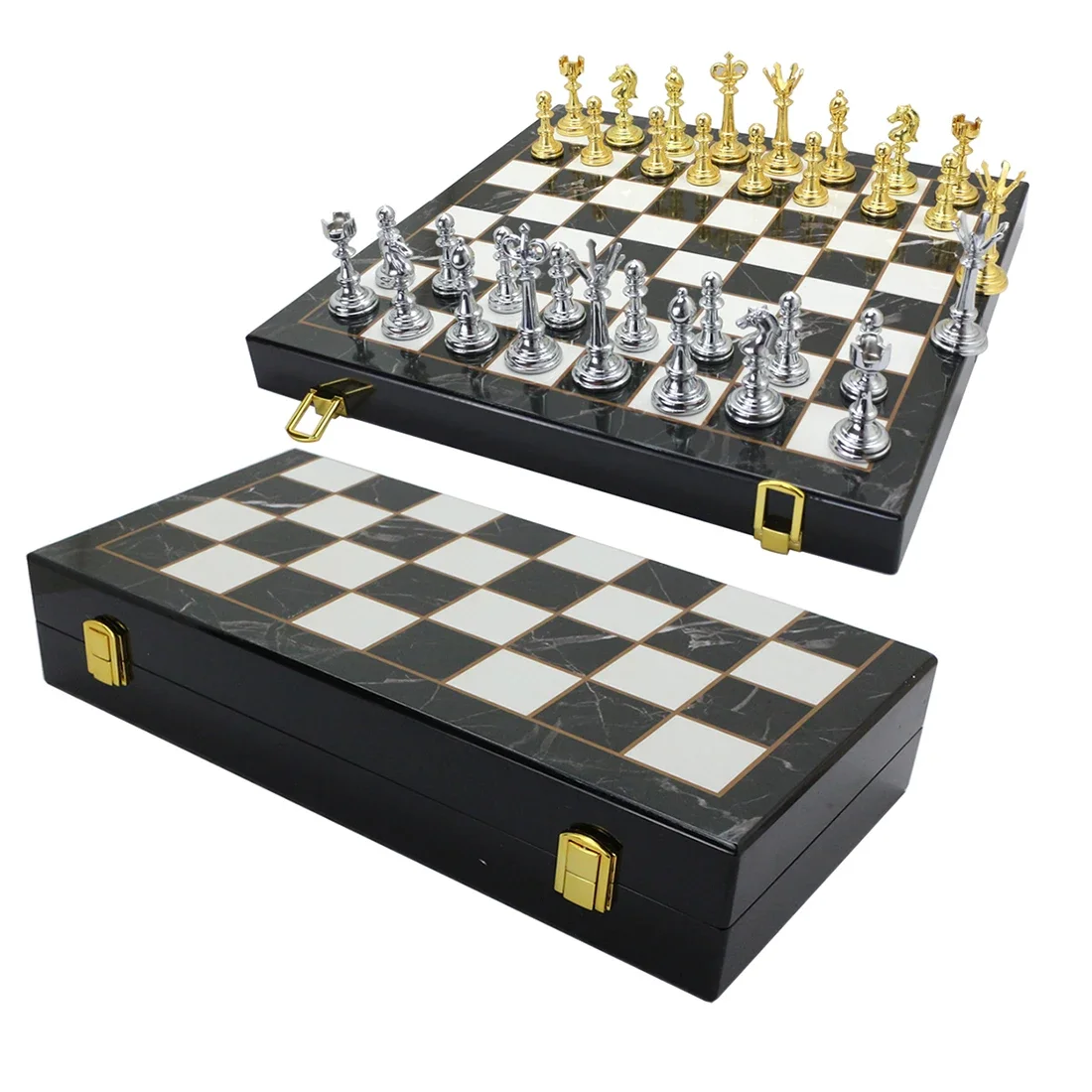 14 Inches Marble Chess Set felted Board Chrome Plated Boxed Customizable Metal Chess Pieces Figures Set