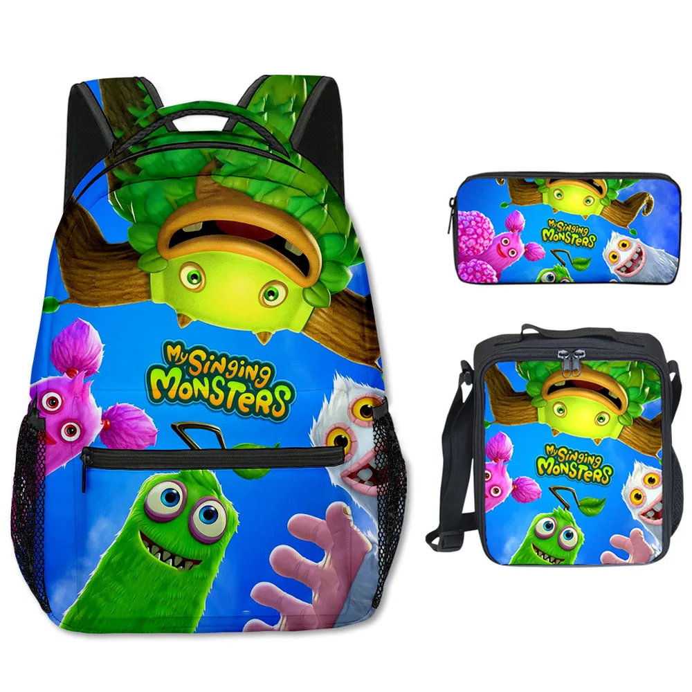 Luxury Popular my singing monsters 3D Printed 3pcs/Set School Bags Travel Notebook Backpack Crossbody Lunch bag Pencil Case