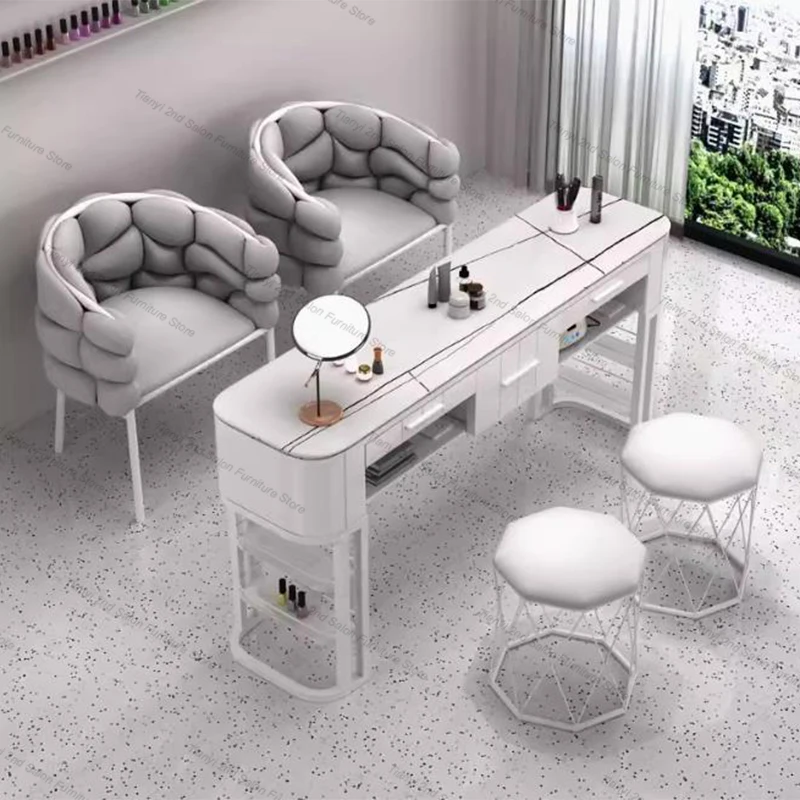 Modern Marble Tabletop Manicure Table Golden Storage Reception Nail Table Cream Style Salon Japanese Furniture Mesa De Uñas LLMT