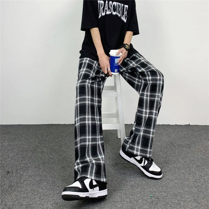 Hip Hop Man Pants Plaid Wide Leg Pants Casual Straight Trousers for Male/ Harajuku Elastic Waist Spring and Autumn Men Clothing