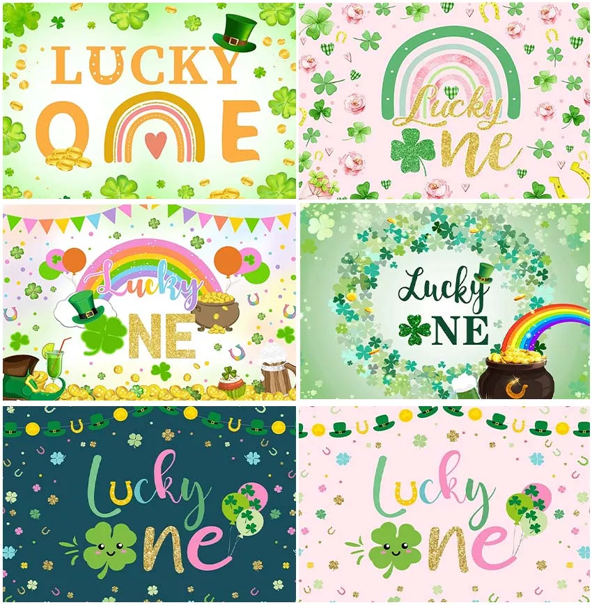 

Lucky One Green Clover Shamrock Spring Baby Shower Backdrops Photography St Patrick Hat Golden Coins Birthday Rainbow Background