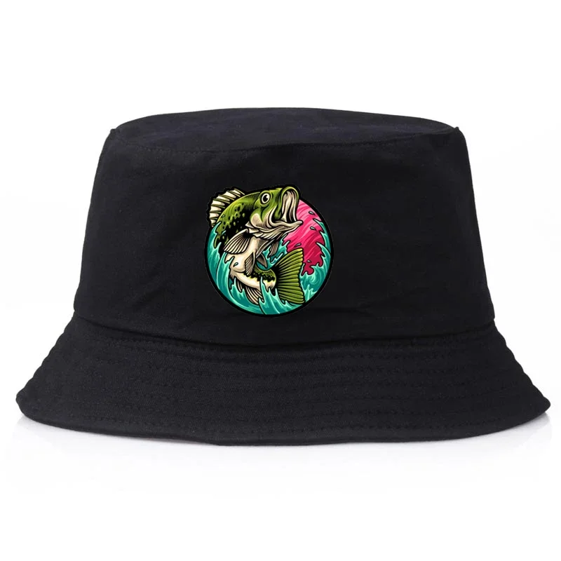 Bass On the Ocean Printed Fisherman Hat Big Mouth Bass Fishing Lovers Casual Sun Bucket Hats Fishes Outdoor Streetwear Cool Hat