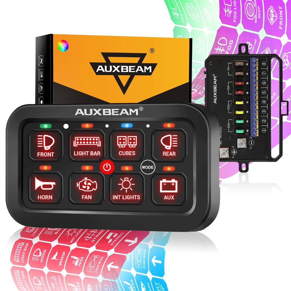 AUXBEAM RA80 RGB Switch Panel 8 Gangs On-Off Power Control for Work Driving Light / Fog Lamps，TOGGLE/ MOMENTARY/ PULSED Modes
