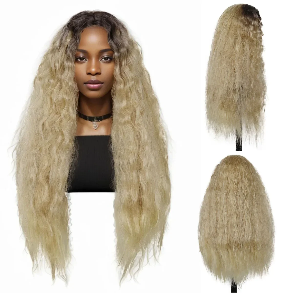 Premium Synthetic Wig 28 Inch Supder Long Curly Wigs for Women Blonde Wig with Black Roots Hairline Fake Scalp Fluffy Loose Wigs