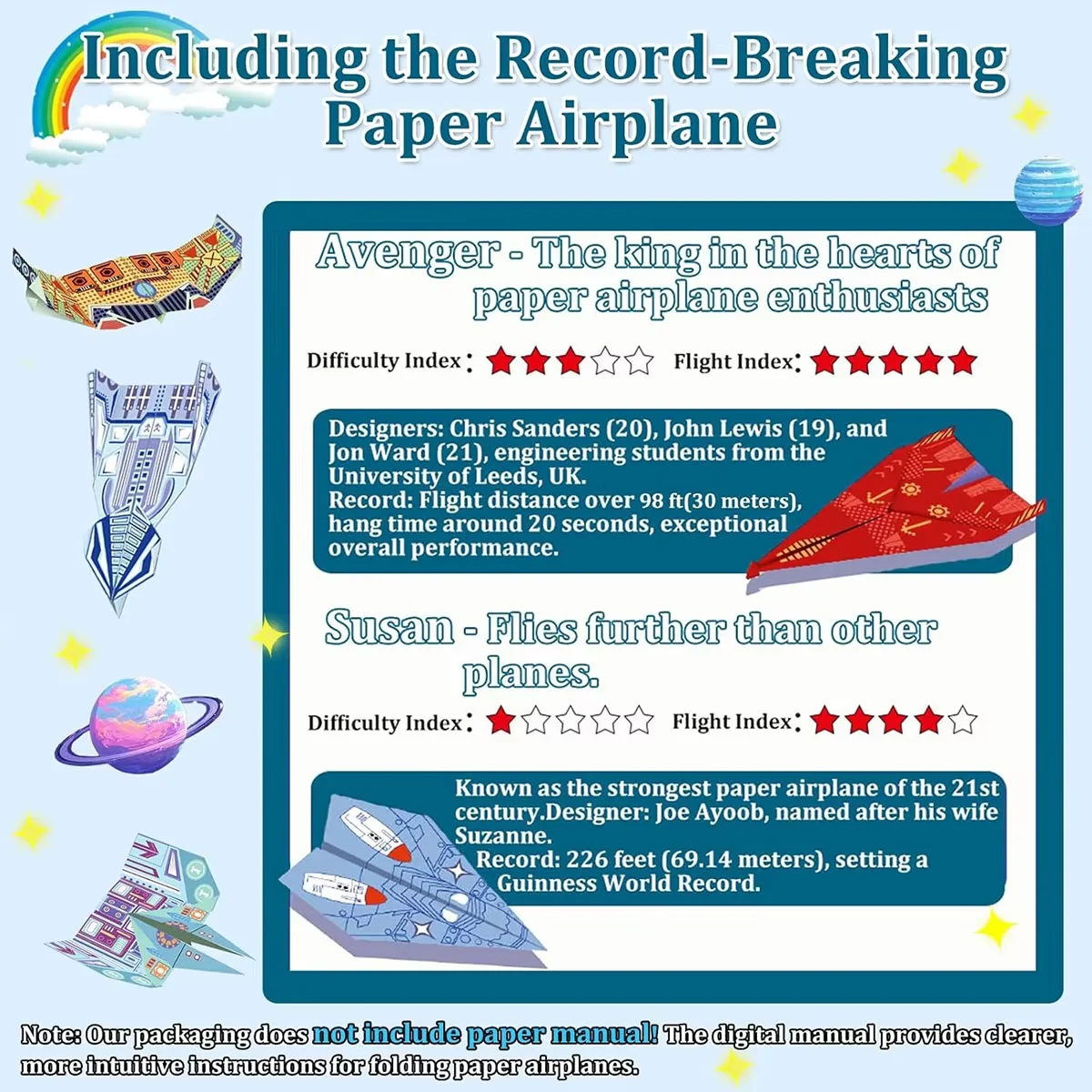 Origami Paper Airplane Kit 12/32 Sheets 16 Classic World Record Plane Designs Easy to Fold Creative  Craft Activity for School F