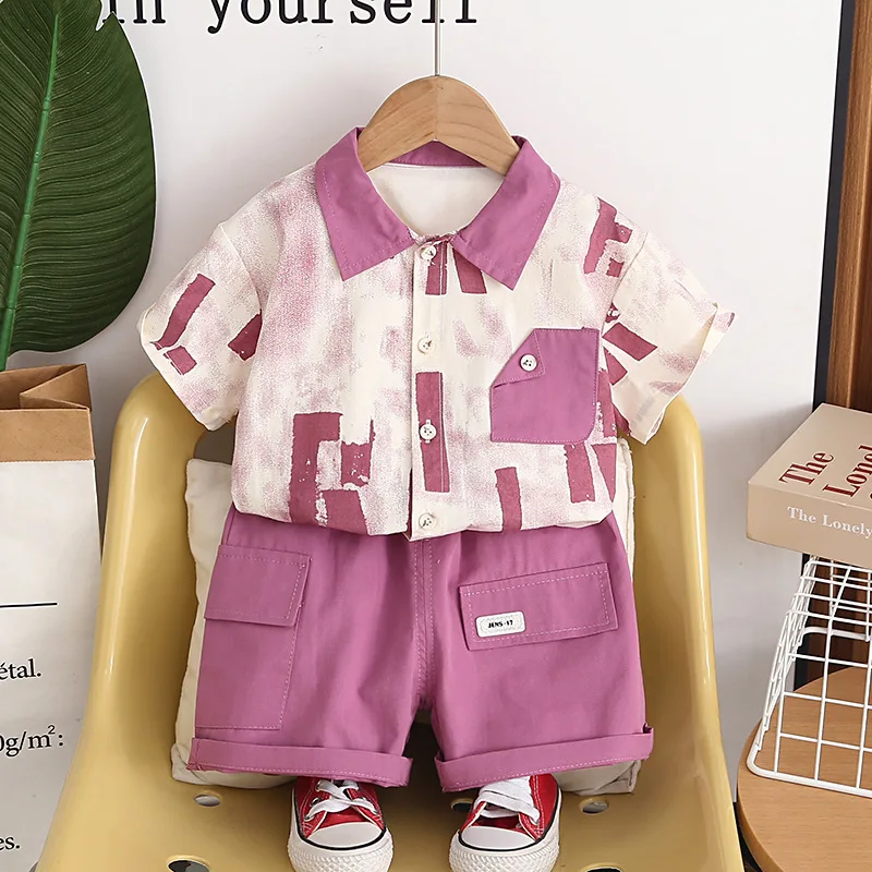 

2025 New Baby Boy Clothes 2 Piece Set Abstract Print Turn Down Collar Shirt + Elastic Waist Shorts Kids Retro Streetwear Outfits