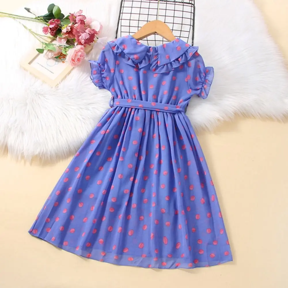 エレガントなドールカラーの女の子用プリンセスドレス、ティーン向けパーティー、夏のドット柄ドレス、スイートなレースアップ子供ドレス、学生向け