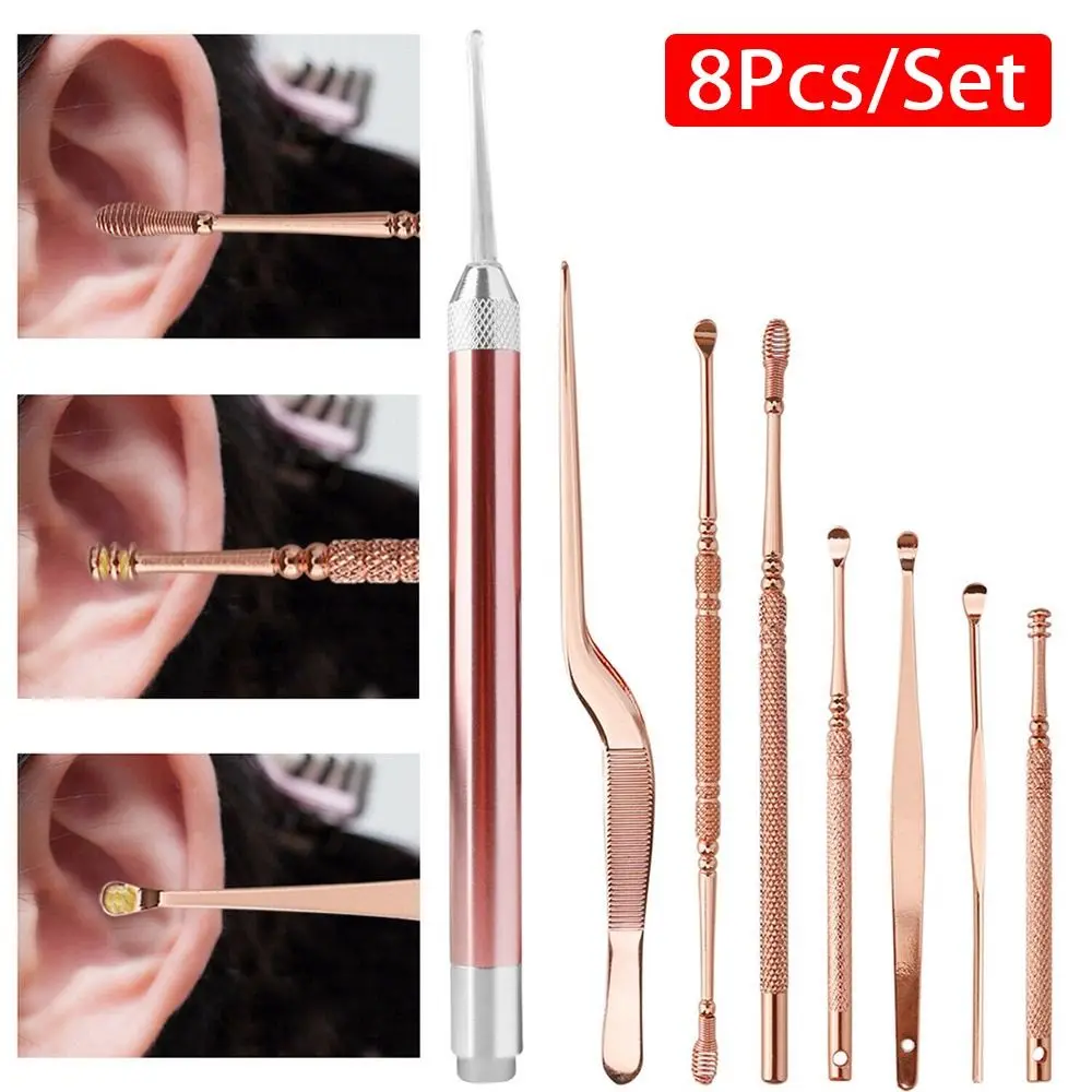 

8Pcs/set Ear Clean Tool LED Ear Wax Pickers Ear Care Set LED Light Earpick Tweezers Stainless Steel Ear Wax Removal