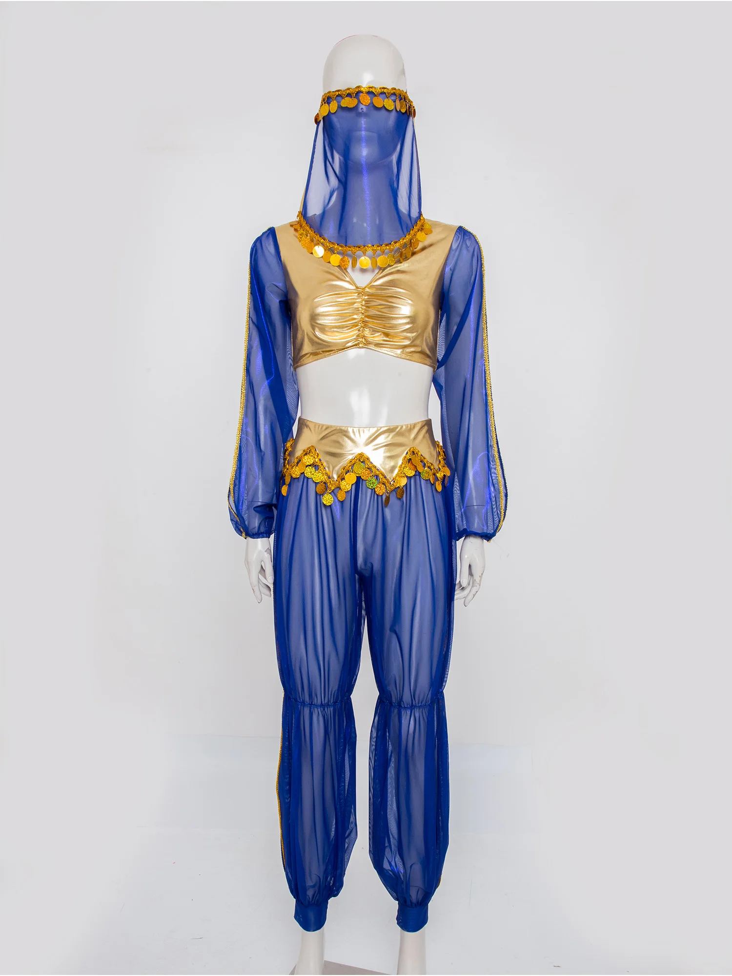 

Women Festival Halloween Arabic Oriental Indian Princess Role Play Performance Outfit Crop Top Pants And Veil 3 Pieces Cosplay