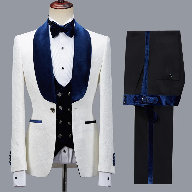 

Elegant Jacquard Men Suits 3 Piece Velvet Shawl Lapel Wedding Groom Tuxedo Slim Fashion One Button Male Suit (Jacket+Pants+Vest)