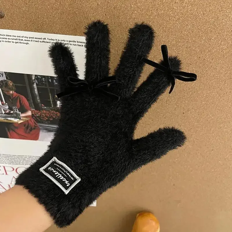 

Winter Thickened Warm Gloves Y2K Spicy Girl Gloves Flocking Bow Knot Rex Rabbit Hair Touch Screen Gloves Winter New Product