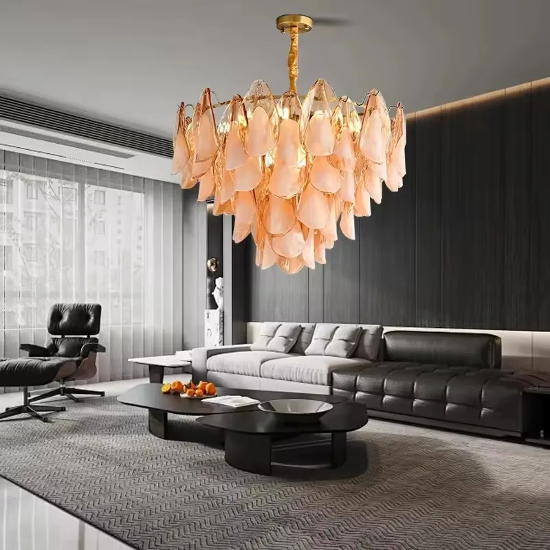 Modern Loft Pink Glass Petal Chandeliers Leaf Luxury Hanging Lamp French Design Hanglamp  Living Room