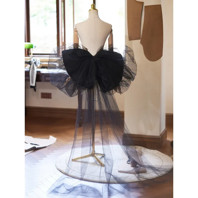 

Черное сетчатое платье ручной работы с бантом на спине, большое платье со шлейфом, аксессуары «сделай сам», новинка 2025, фотография, преувеличение