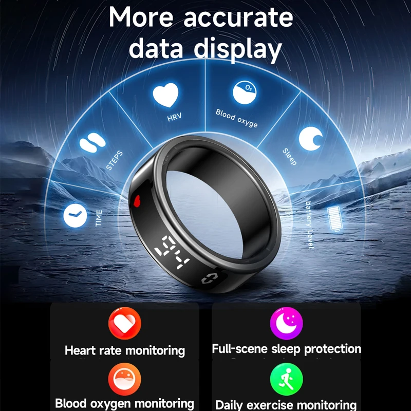 Smart Ring With LED Display Screen Men Women Heart Rate Blood Oxygen Monitor Sleep Tracker Multi Sports IP68 5ATM Waterproof