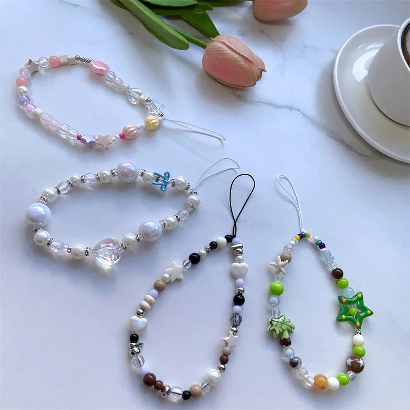 

Модный ремешок для телефона в стиле Ins с кокосовой пальмой, звездой и бантом, украшенный бисером, универсальный ремешок на запястье, ручная работа, шарм