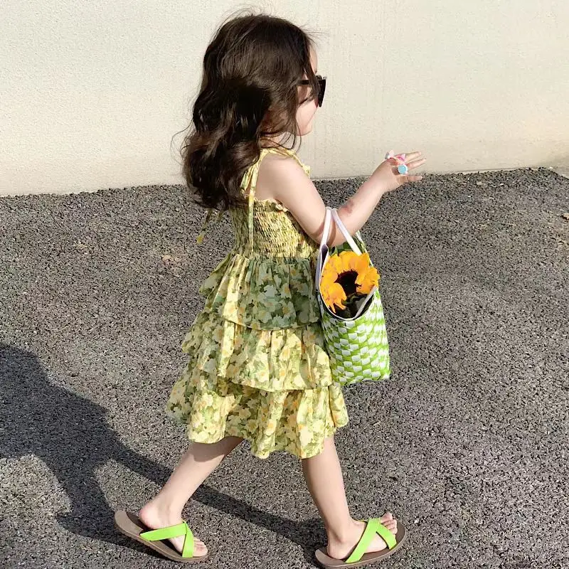 

Summer New Chiffon Dress for Girls Children's Floral Strap Dress with Western Style Trend