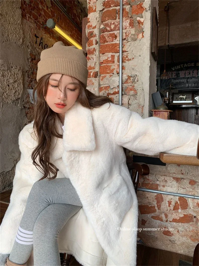 Mid Faux Fur Women Coat 2024 Winter Loose Slim Thick Warm Jacket Lady Fashion Korean Casual Fur Coat With Pockets Simple Outwear