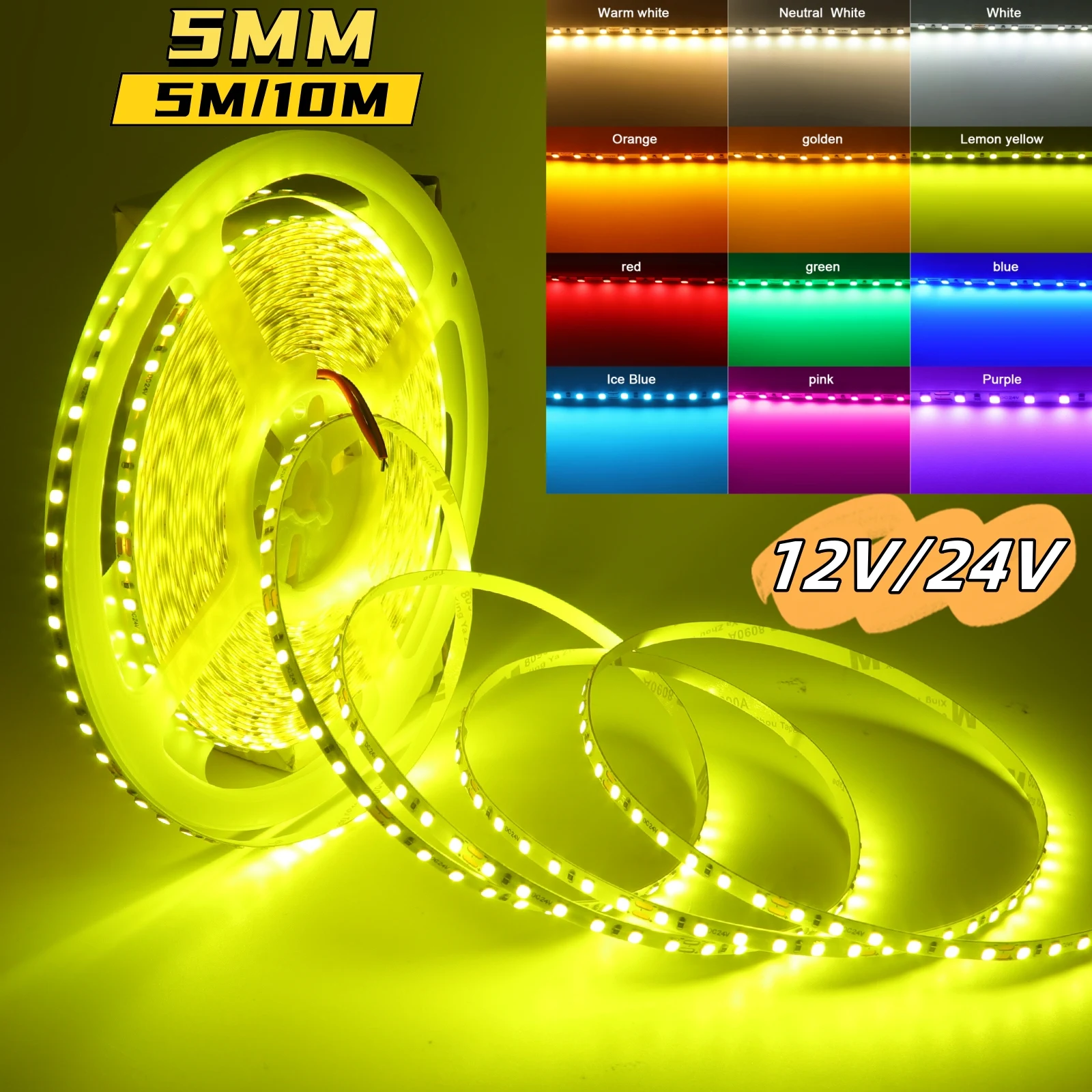 5M 10M/Roll LED Strip 12V 24V SMD 2835 120LEDs/M Flexible Ribbon Tape Rope Lights Ultra Thin 5MM PCB Lamp Bar White Warm Yellow