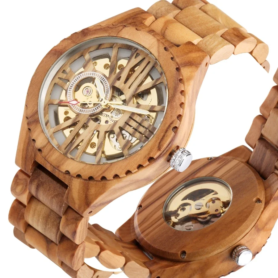 Cherry Wood Mens Watches Retro Hollow Skeleton Dial Automatic Mechanical Wood Clock Adjustable Wooden Bracelet Mens Wristwatch