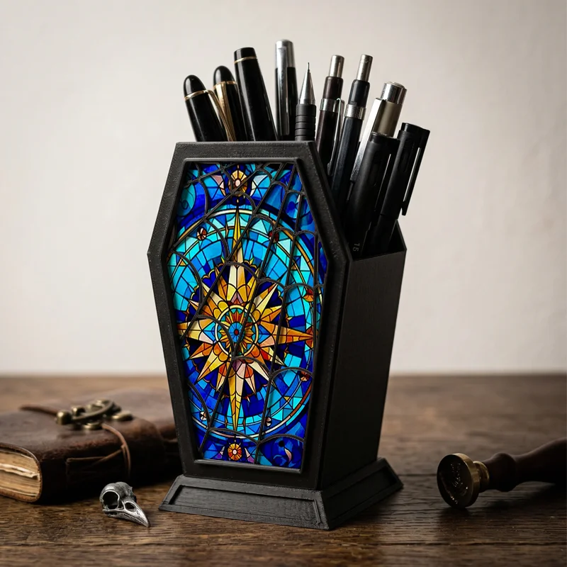 Gothic Coffin Pen Holder with Stained Glass Compass Print - Spooky Dark Academia Desk Organizer for Halloween & Witchy Lovers