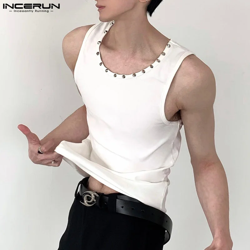 Fashion Well Fitting Tops INCERUN Men's Rivet Buckle Vests Casual Male Summer Hot Selling Solid Sleeveless Tank Tops S-5XL 2024