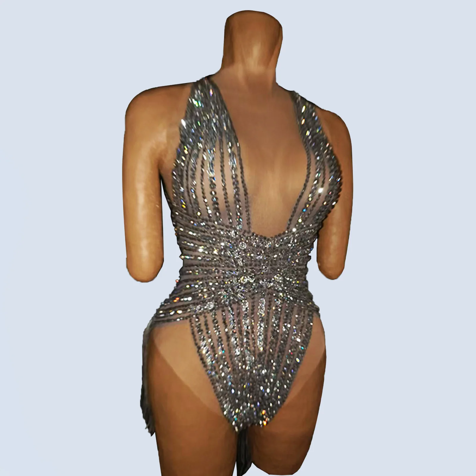 

New Sparkle Silver Rhinestones Tassels Bodysuits Gogo Dancer Performance Stage Team Outfit Drag Queen Show NightClub Costume