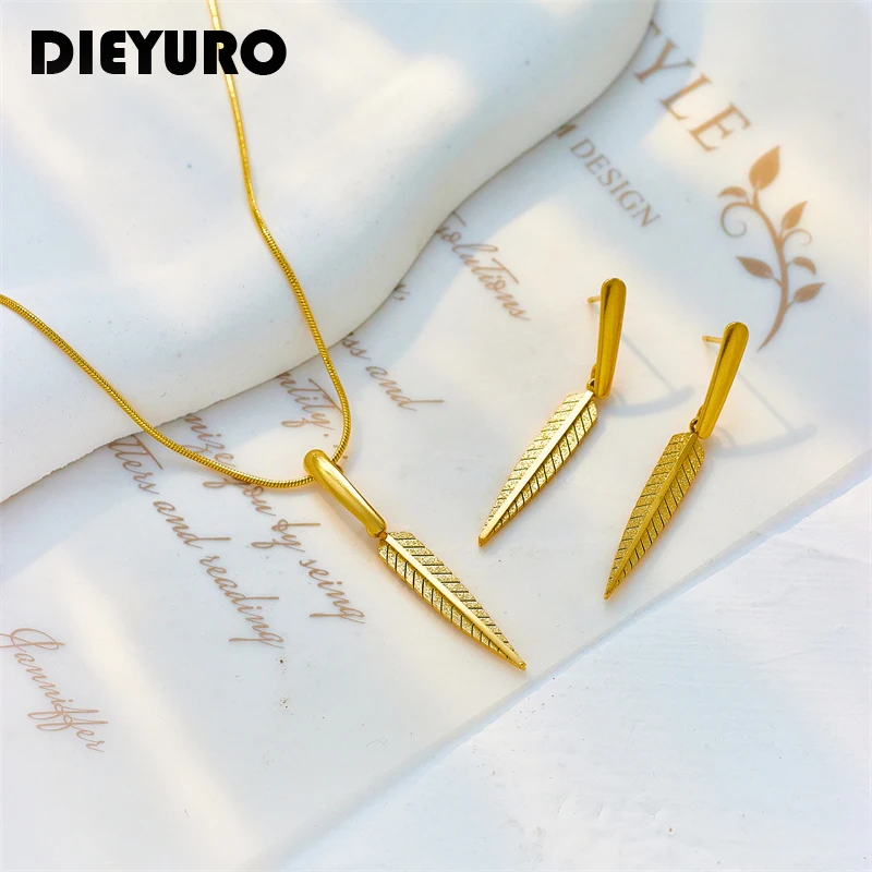 DIEYURO 316L Stainless Steel Gold Color Feather Leaf Pendant Necklace Earrings For Women Fashion Girls Jewelry Set Birthday Gift