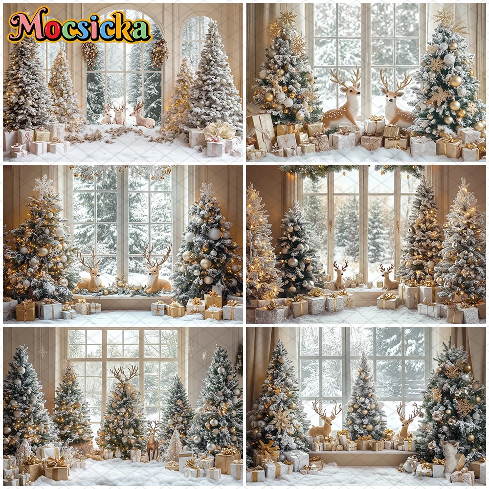 

Mocsicka Christmas Background Photography Room Xmas Tree Deer Snowscape Decoration Children Adult Photo Backdrop Festival Banner