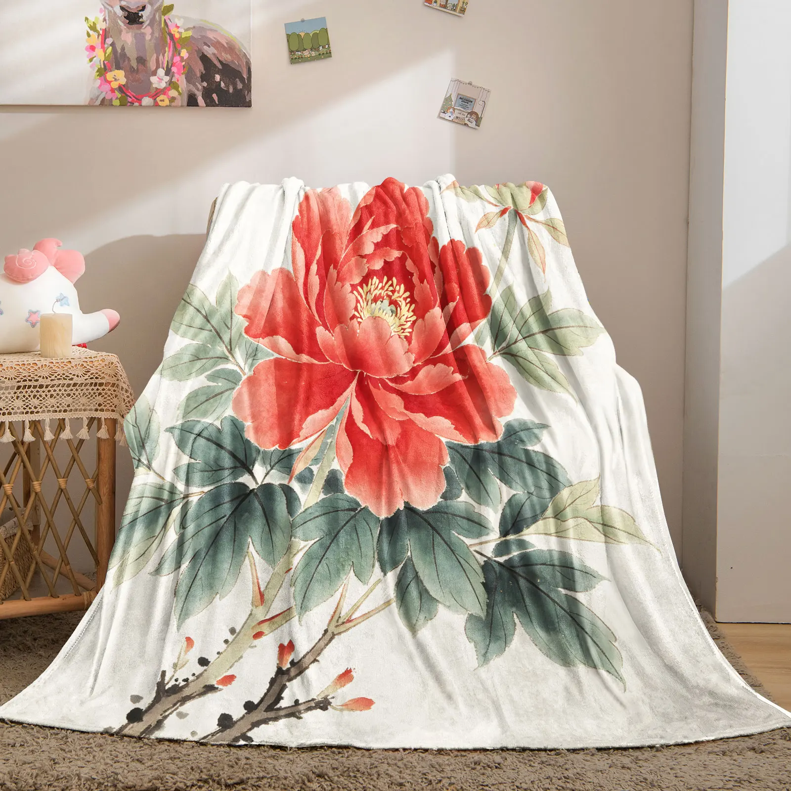 Chinese Ink Wash Painting Red Peony Throw Blanket Traditional Oriental Floral Plush Fleece Blanket Sofa Bed Car Travel Camping