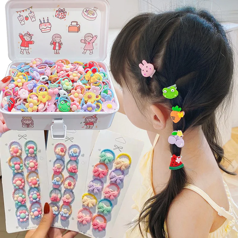 10Pcs/Set Girls Rubber Band Elastic Hair Bands Rainbow Flower Bow Cartoon Fruit Hair Ropes Cute Sweet Kids Baby Hair Accessories