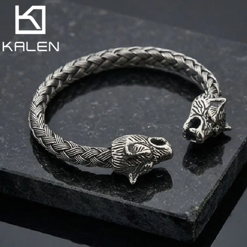 KALEN Nordic Viking Double Wolf-Head Braided Open Bangle Vintage Men's Stainless Steel Bracelet Halloween Haunted House Jewelry