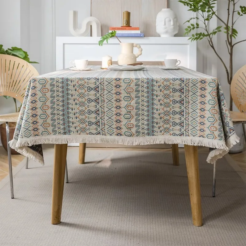 Bohemian Jacquard Table Cover, Geometric Pattern Thick Soft Decor for Living Room