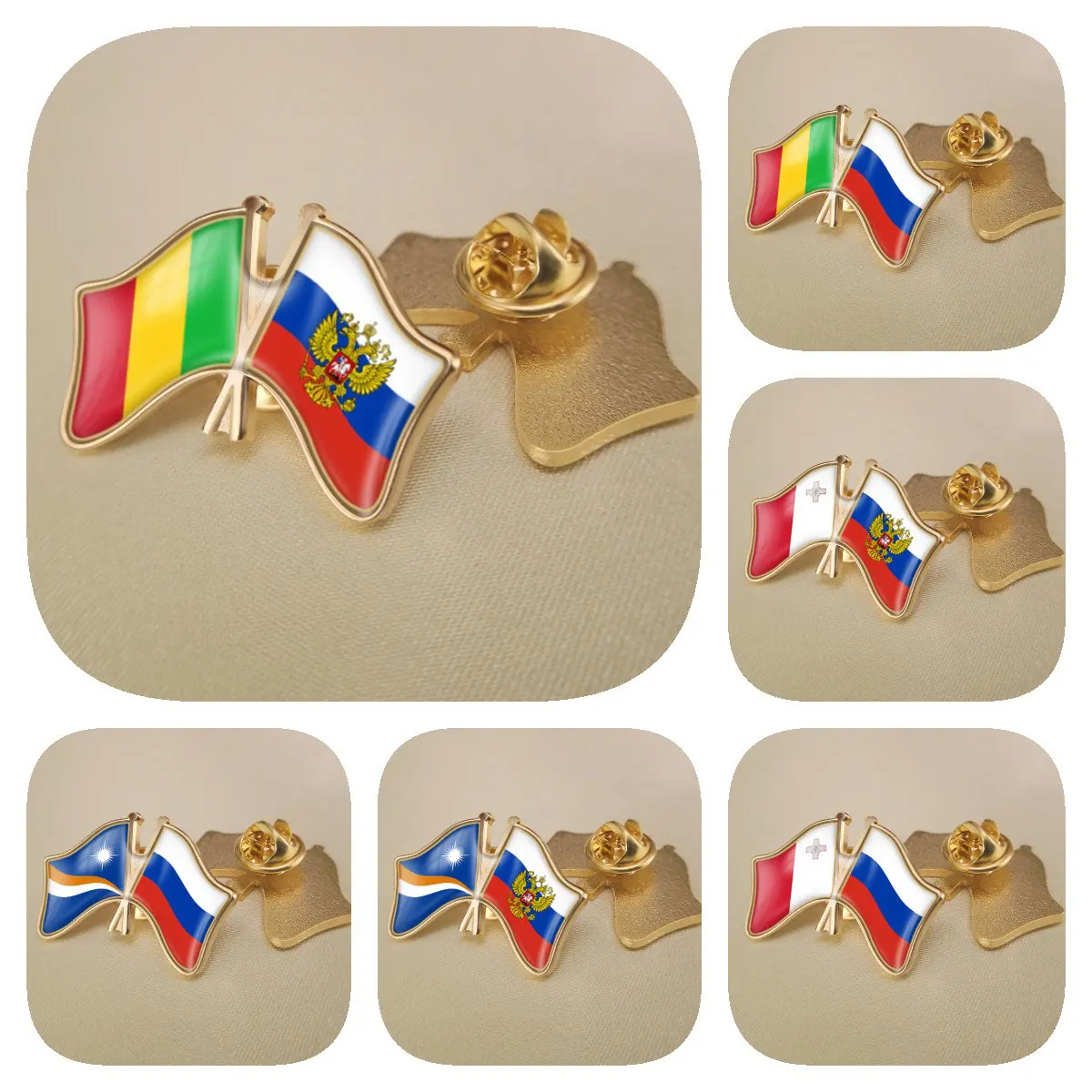 Russian Federation and Mali Malta Marshall Islands Double Crossed Friendship Flags Brooches Lapel Pins Badges