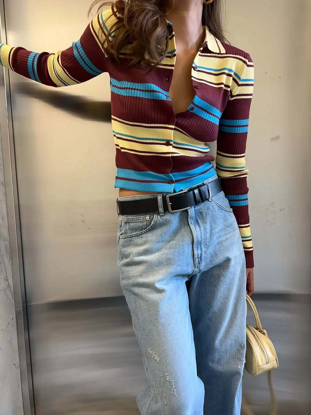 

Striped cardigan long sleeved single breasted knitted sweater autumn retro collar slim fit and versatile striped top inner layer