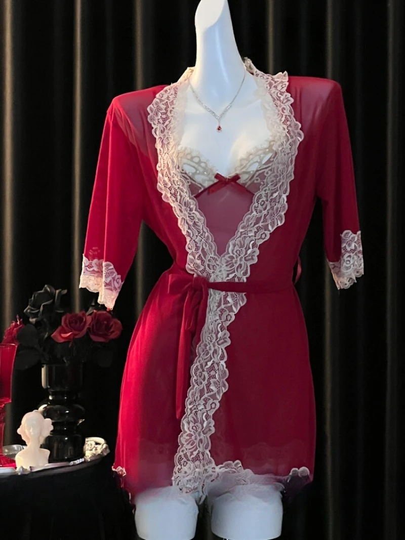 

French Sheer Lace Outerwear Set Women–Lightweight Transparent Pajama with Romantic Touch,Chic Home Loungewear Date Night Outfit