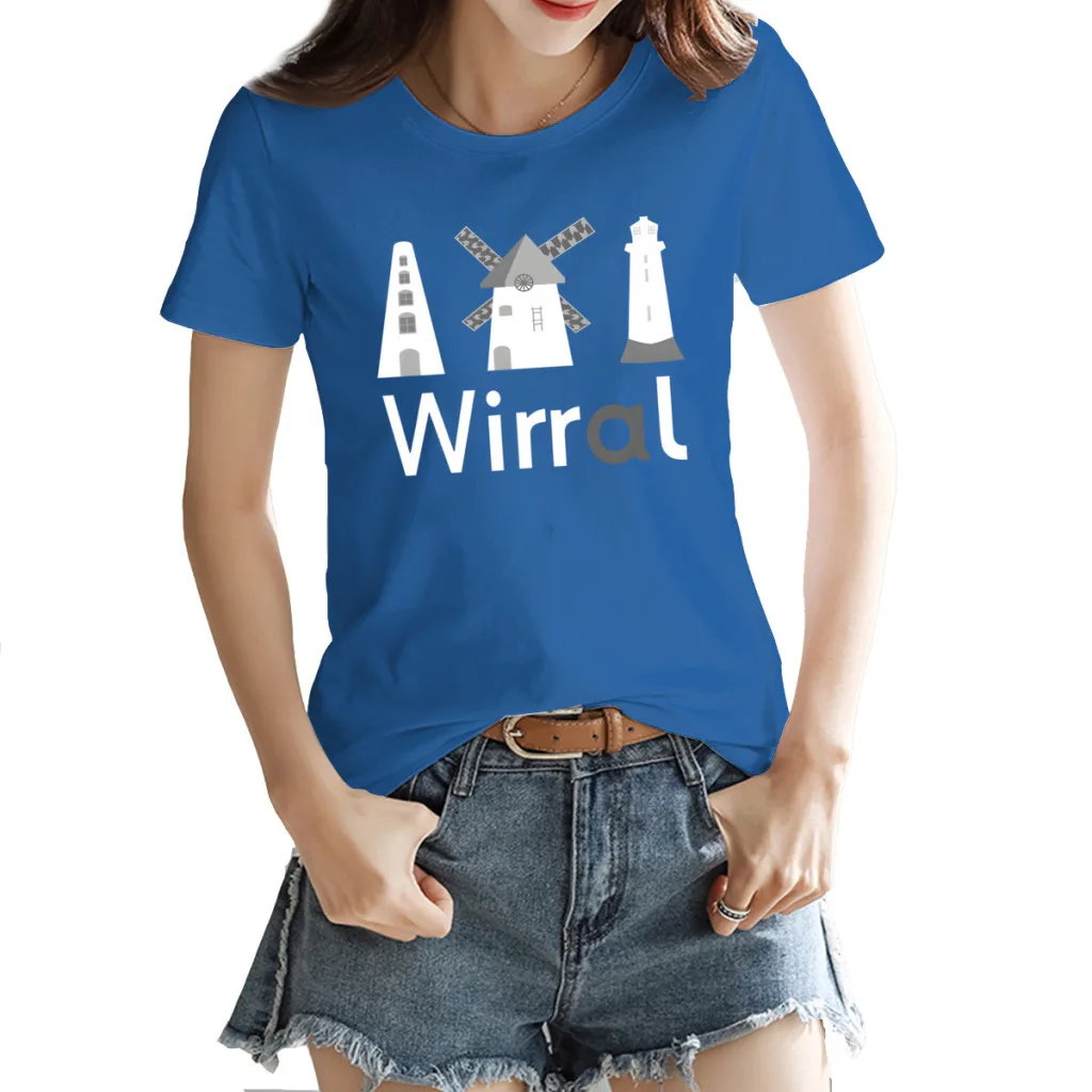 

Wirral landmarks Women's Creative Luxury, High-Quality Summer Printed T-Shirt, Loose Casual Cotton, Round Neck Short Sleeve