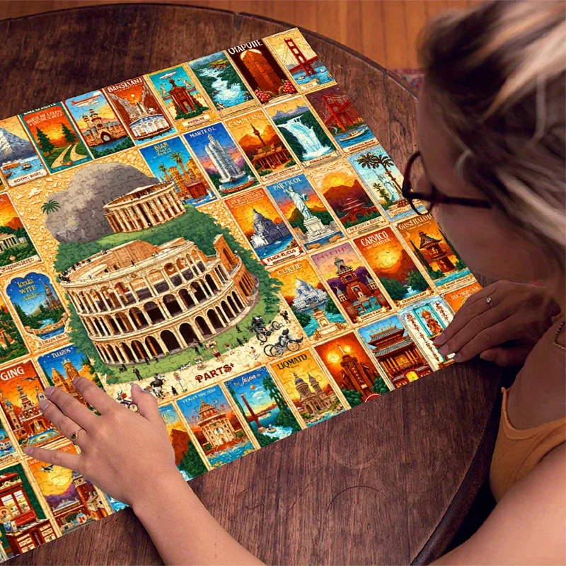 500/1000ピース ペーパージグソーパズル ヴィンテージ世界ランドマークマップ 大型パズルおもちゃ 大人向けゲーム ギフト 家族向けインタラクティブゲーム パズルDI