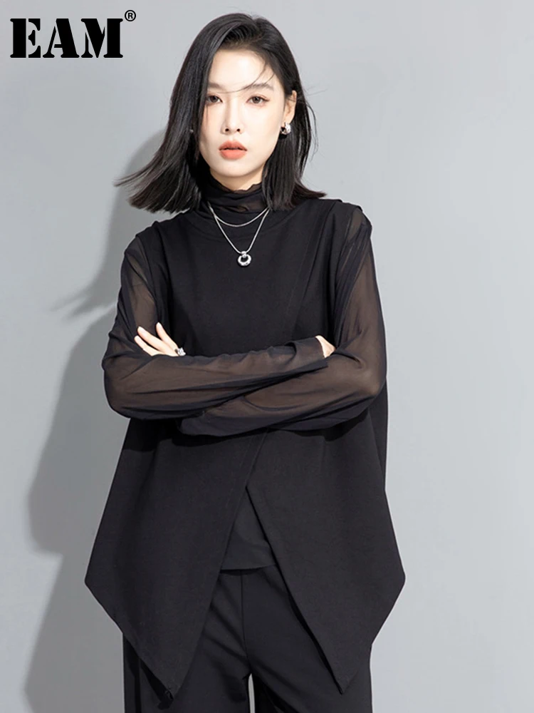 [EAM] Donna Maglia Nera Prospettiva Irregolare Sottile T-shirt Nuovo Dolcevita Manica Lunga Moda Marea Primavera Autunno 2026 1DH7665