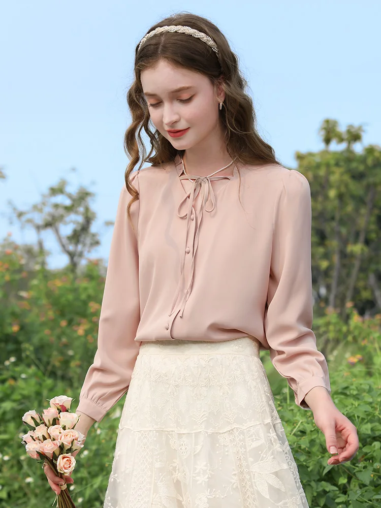 I BELIEVE YOU Chiffon Shirts For Women Gentle French Tie V-neck Puff Sleeve Blouse 2024 Spring New Bow Lacer-up Shirt 2241205514