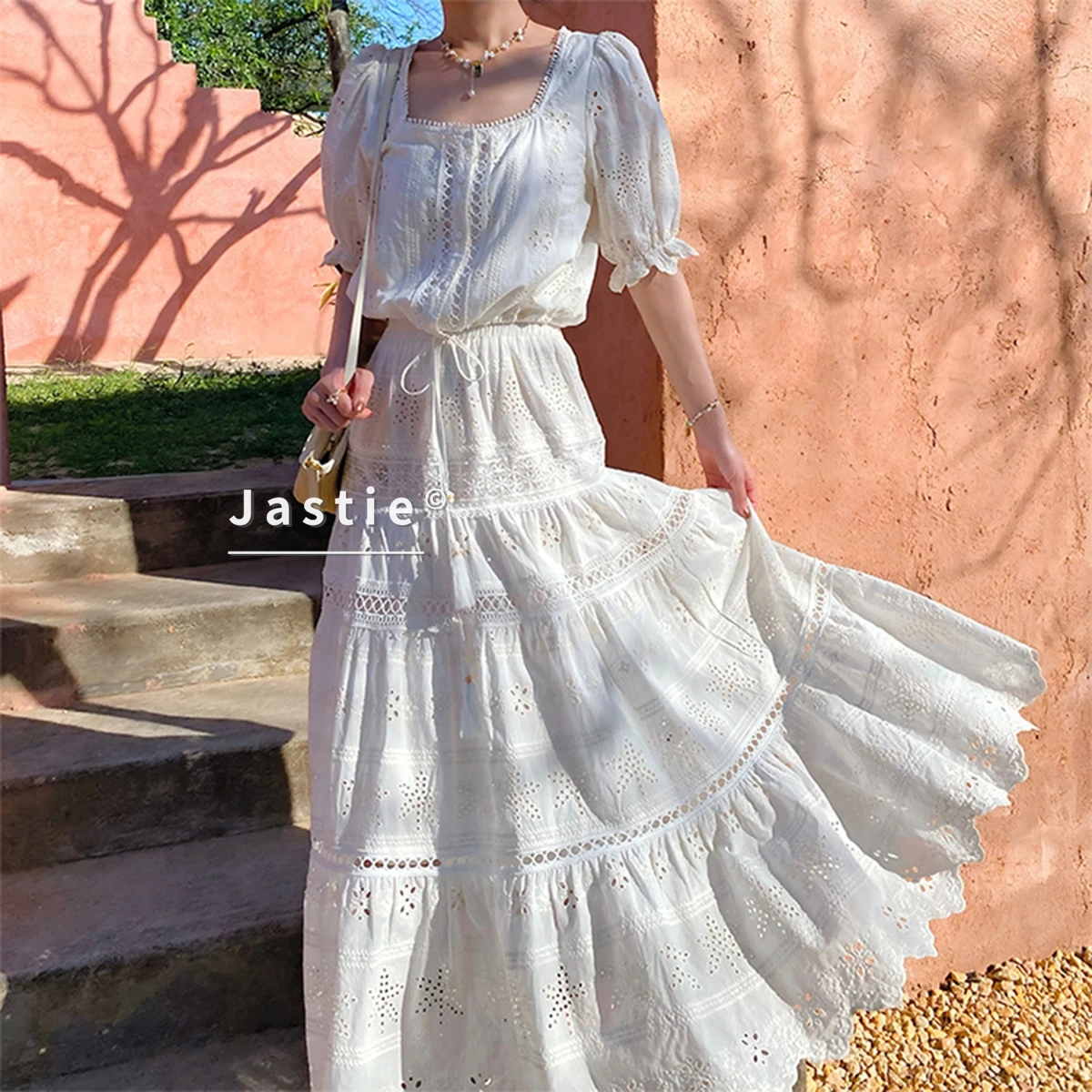 

Bohemian White Lace Two Piece Set Women Elegant Ruffle Eyelet Embroidery Blouse Tiered Maxi Skirt Holiday Beach Outfits Vestidos