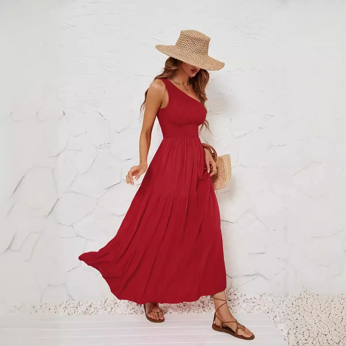 

Stylish Women Long Dress One Shoulder Sleeveless Casual Summer Midi Dress Loose Ruffle Tiered Flowy Beach Maxi Sun Dress