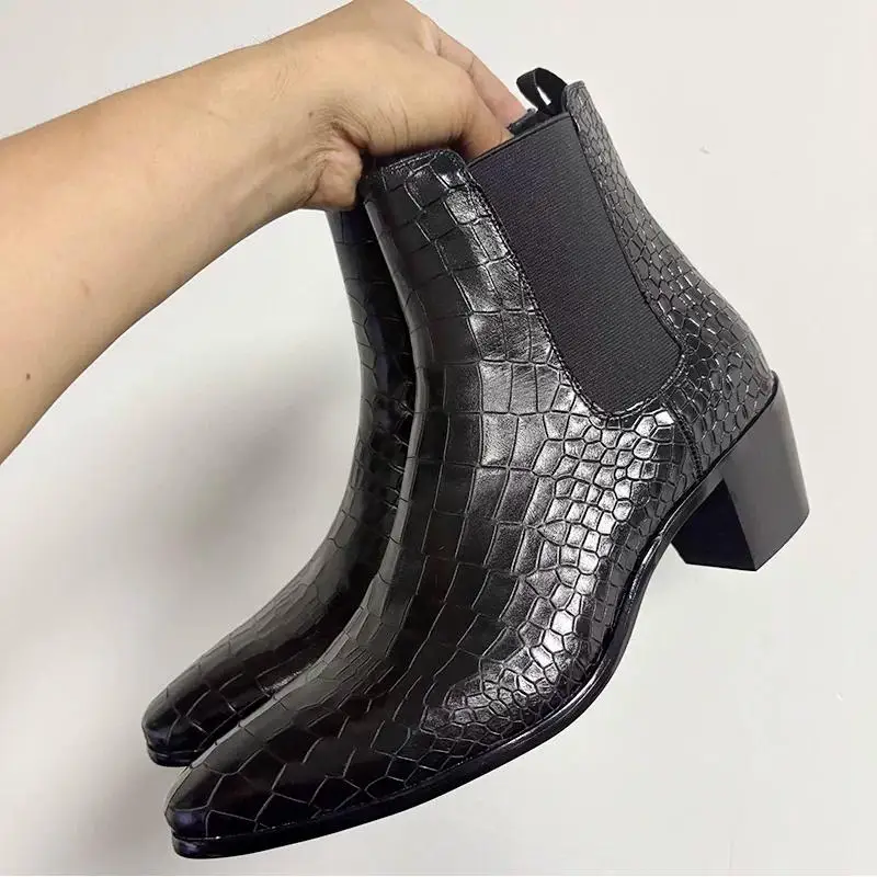 Chelsea Ankle Boots Genuine Leather Embossed Elastic Side Gusset Pointed Toe Thick Block Heel Glossy Fashion Dress Boots for Men