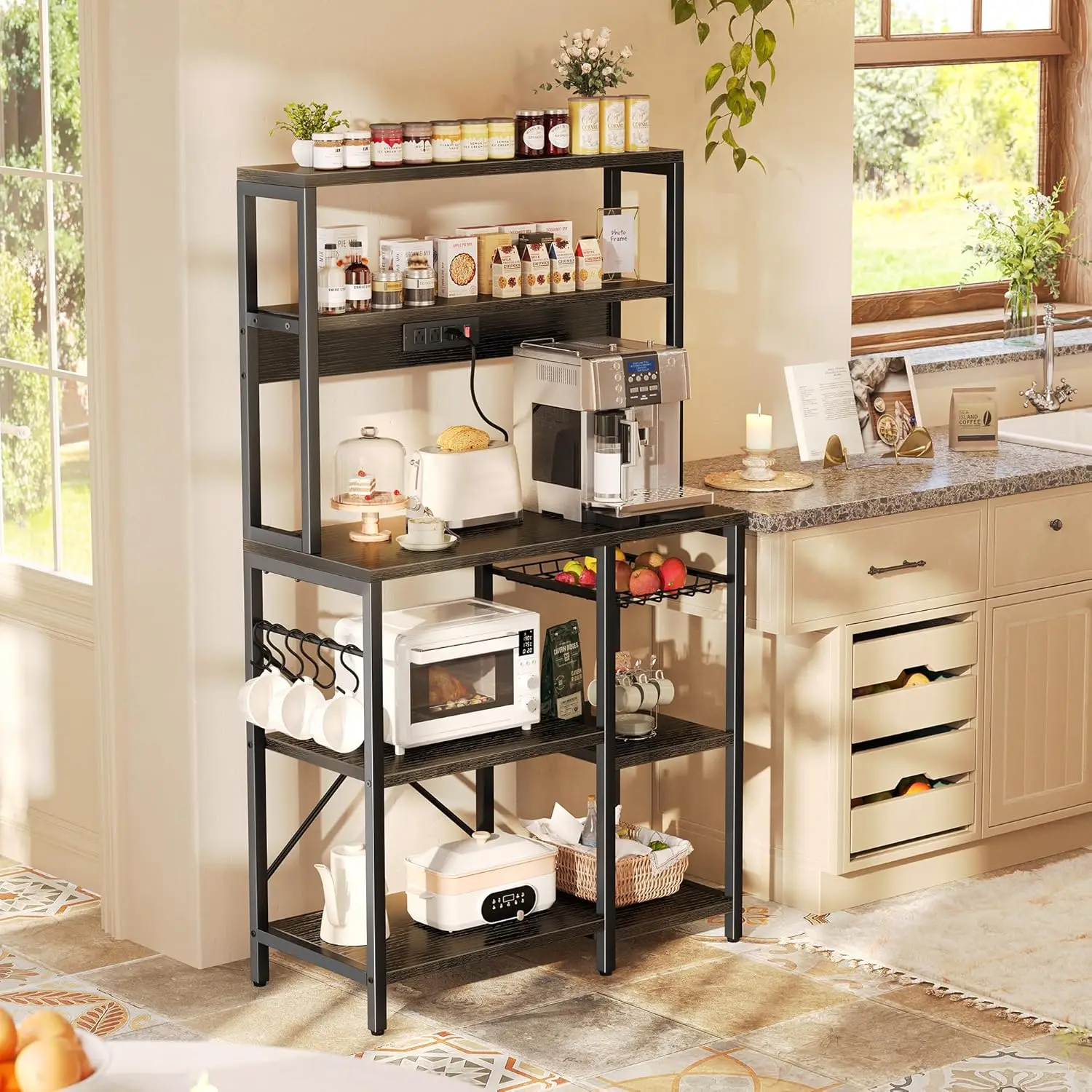 Bakers Rack with Power Outlet, 35.4 Inches Coffee Bar with Wire Basket, Kitchen Microwave Stand with 6 S-Shaped Hooks