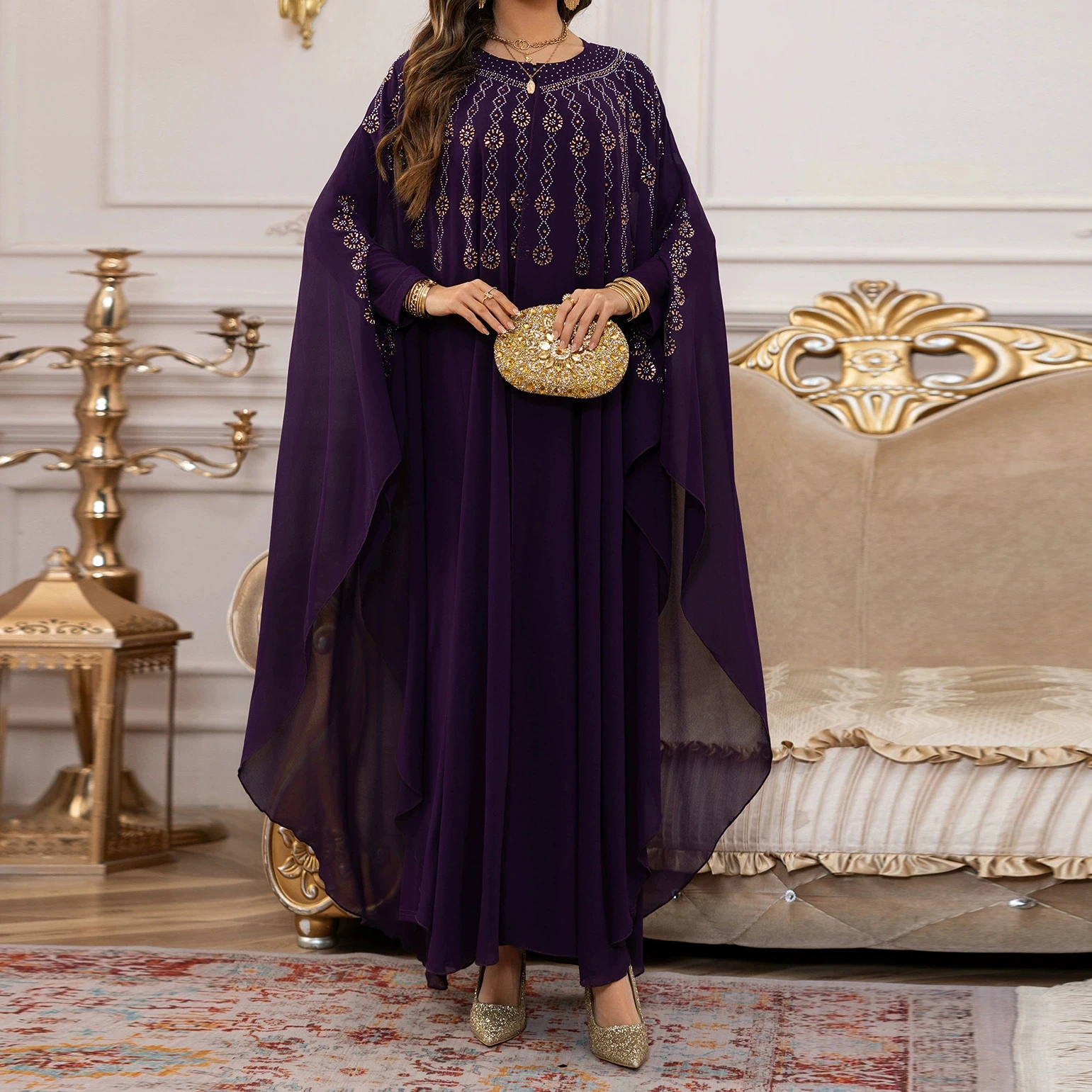

Middle East hot selling hot diamond beaded robe Muslim shawl sleeve cape suit bat sleeve dress-GZXX550