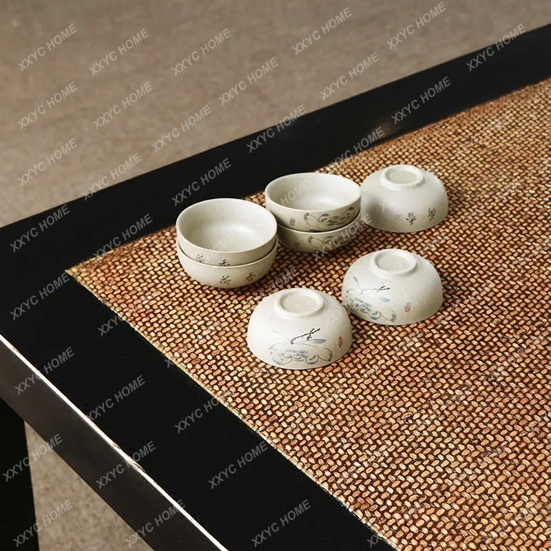 New Chinese Style Dining Table Zen Black Lacquer Rattan Seat Square Table Solid Wood Antique Old Elm Wood Desk